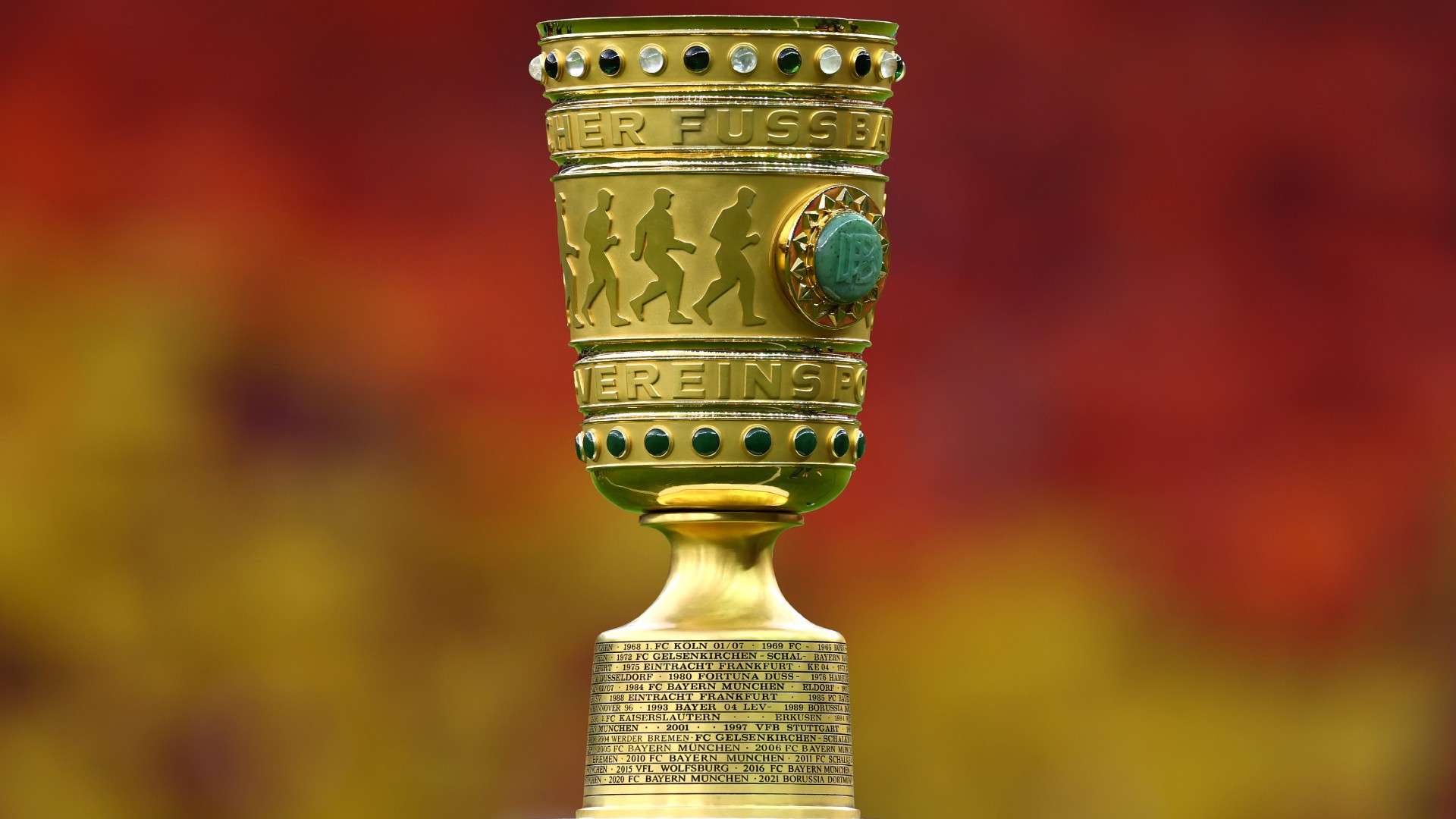A detailed view of the DFB Cup Trophy is displayed on a plinth prior to the DFB Cup 2023 24 final