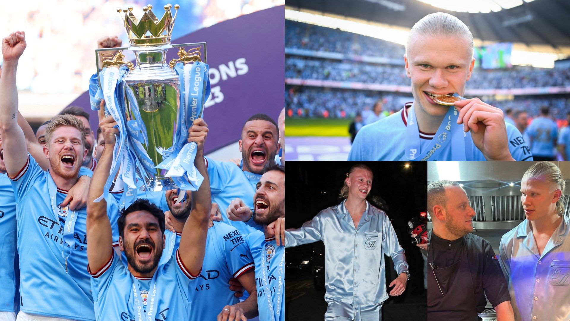 Erling Haaland Man City celebrating in pyjamas