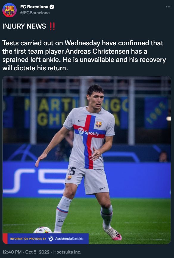 Barcelona tweet Christensen injury confirmed