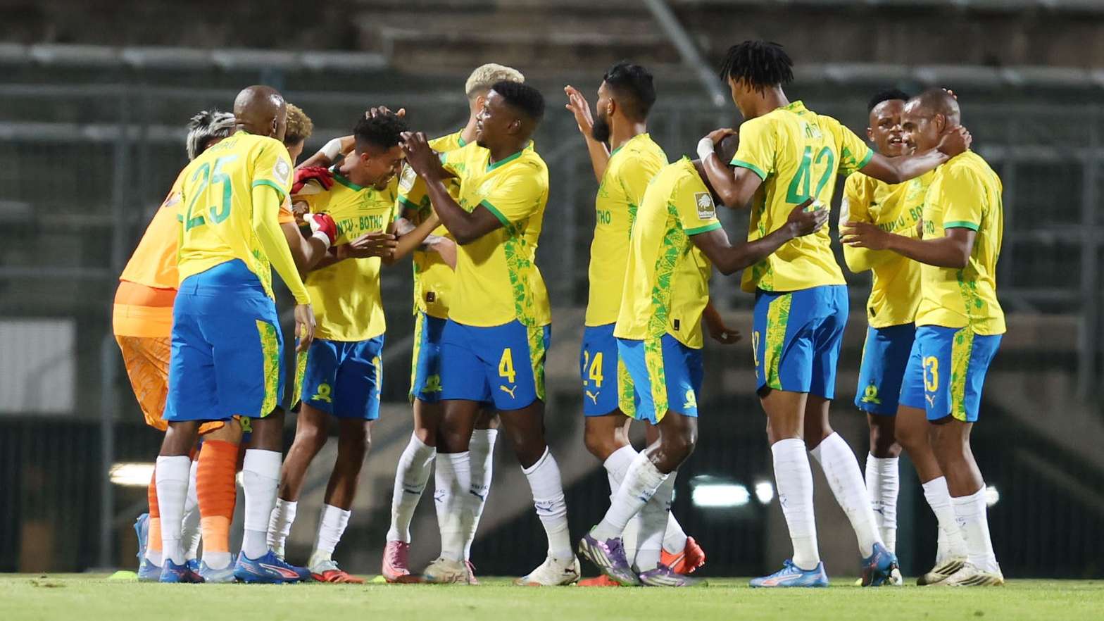Mamelodi Sundowns players celebrate Tashreeq Matthews' goal