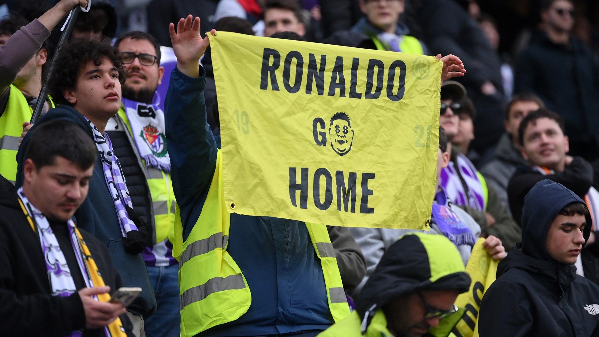 Real Valladolid fans banner Ronaldo 2025