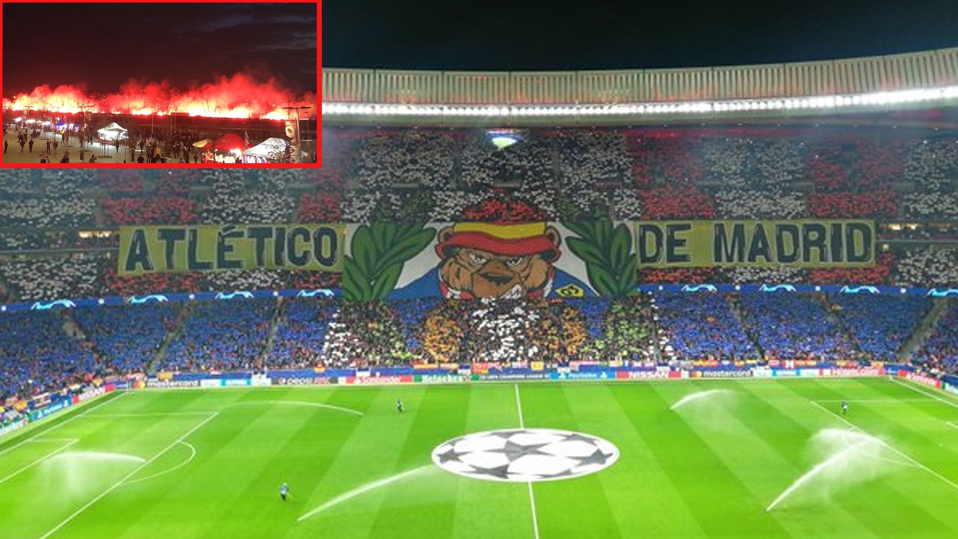 Mosaico Atlético-Liverpool y bengalas