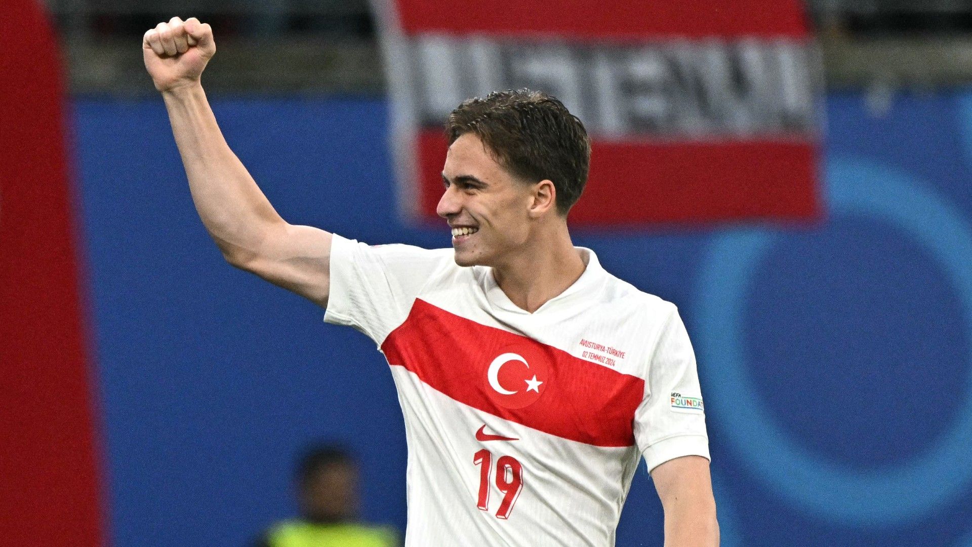 Turkey's forward #19 Kenan Yildiz celebrates his team scoring