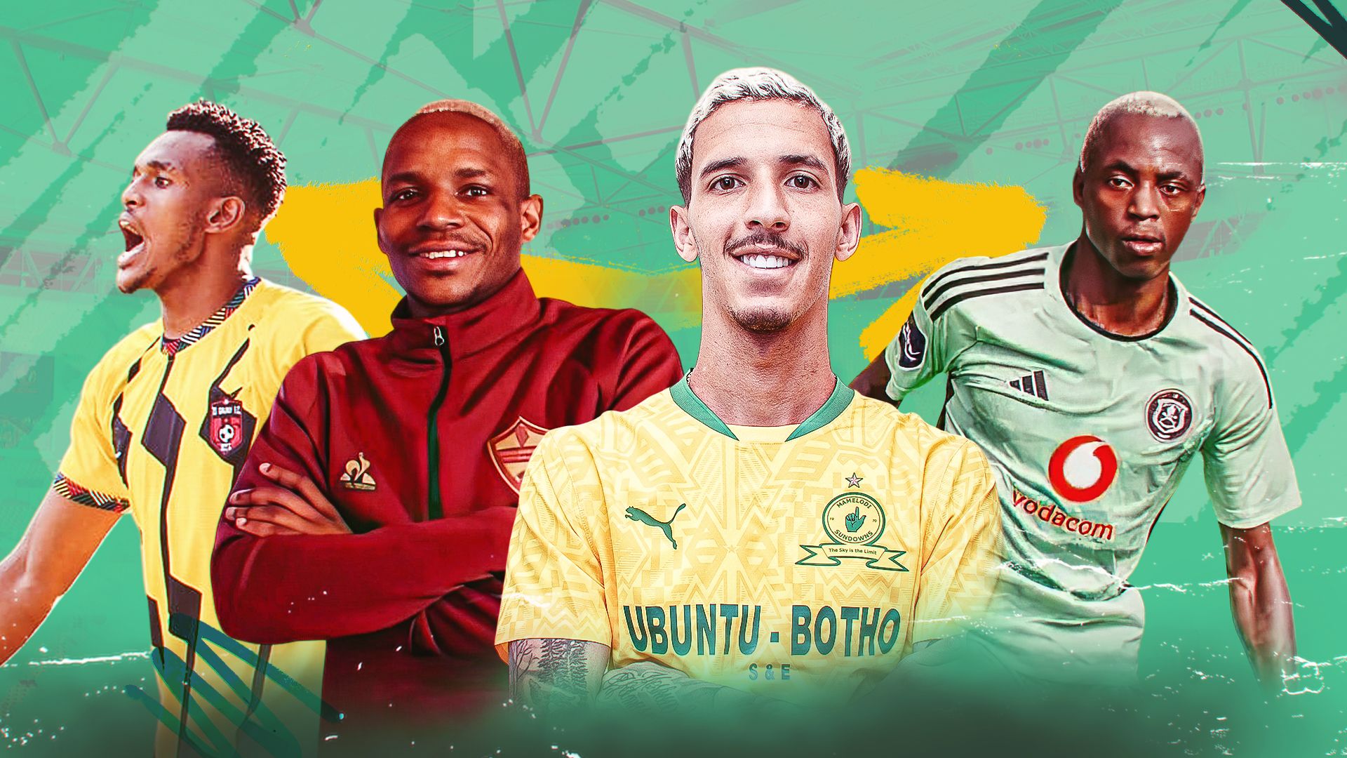 Arthur de Oliveira Sales (Mamelodi Sundowns), Delvi Miguel Viera “Gilberto” (Orlando Pirates), Fiacre Ntwari (Kaizer Chiefs) and Lehlohonolo Mojela (Stellenbosch) 