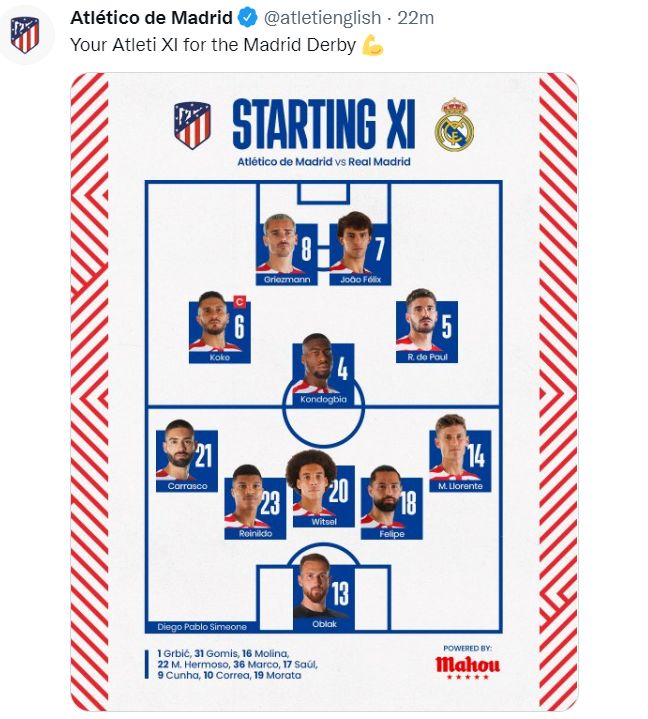 Atletico Madrid XI Madrid derby