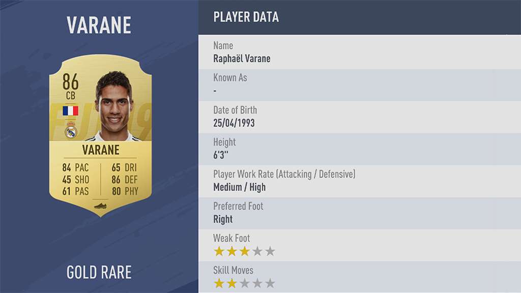 FIFA 19 Overall Varane