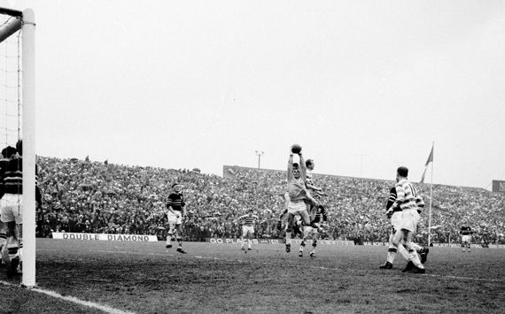 26 April 1964; Paddy Ambrose, Shamrock Rovers, in action against goalkeeper Kevin Blount, Cork Celtic. FAI Cup Final, Shamrock Rovers v Cork Celtic
