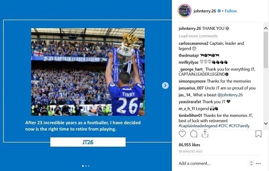 자신의 SNS를 통해 축구선수 은퇴를 선언한 존 테리.