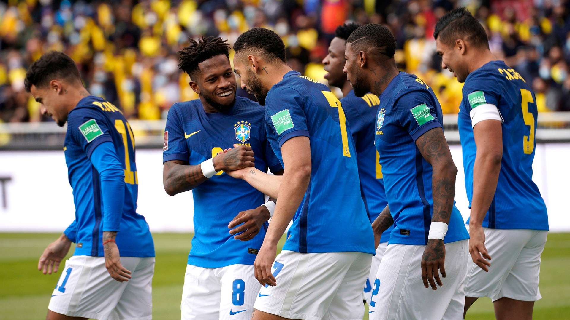 Jogadores comemoram, Equador x Brasil, Eliminatórias Qatar 2022, 27012022