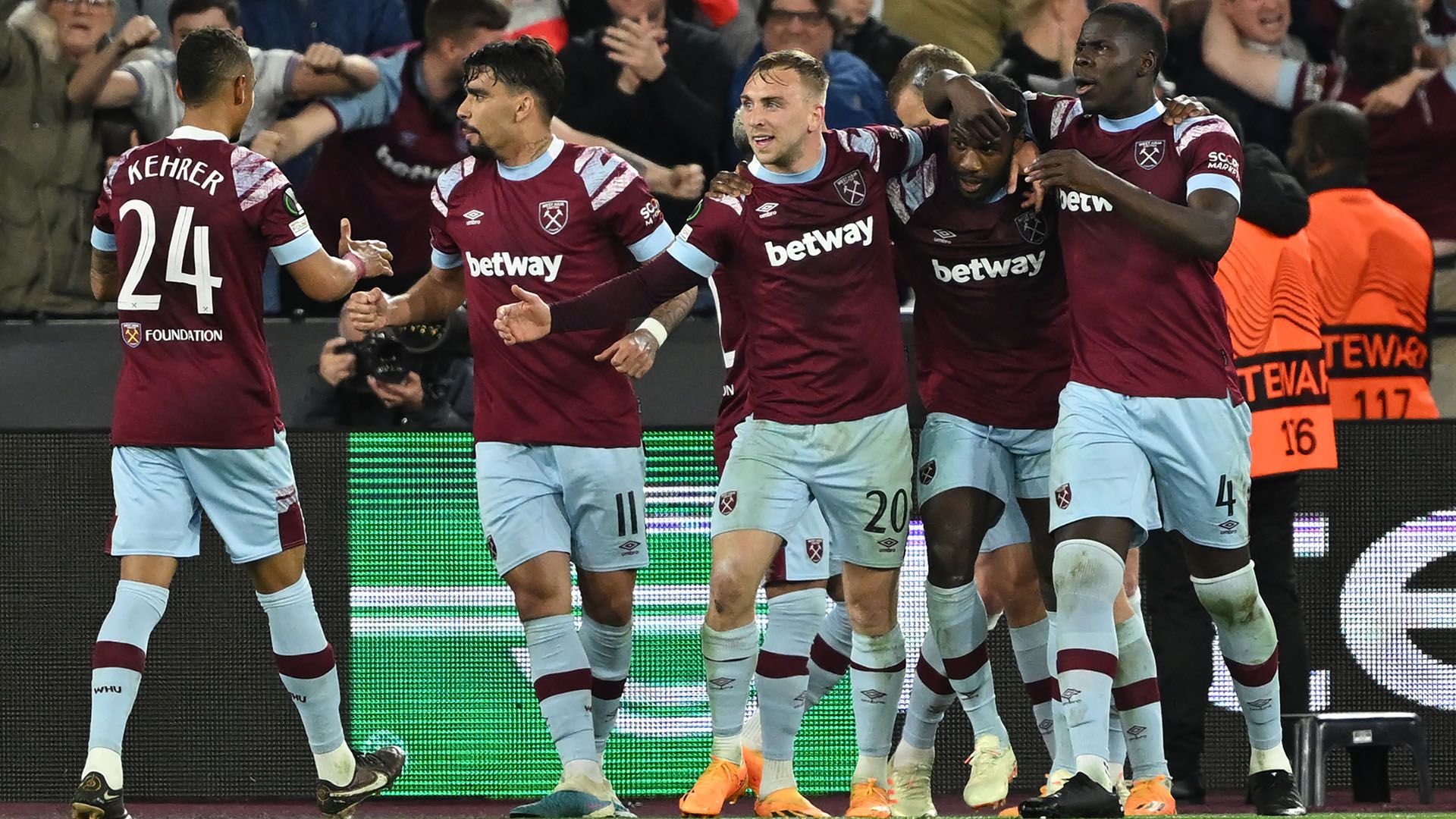 West Ham celebrate Michail Antonio goal AZ 2022-23