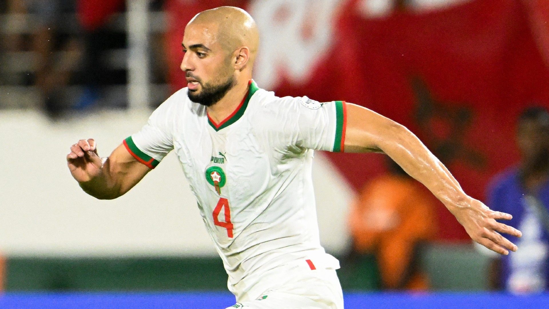 Morocco's midfielder #4 Sofyan Amrabat runs with the ball 