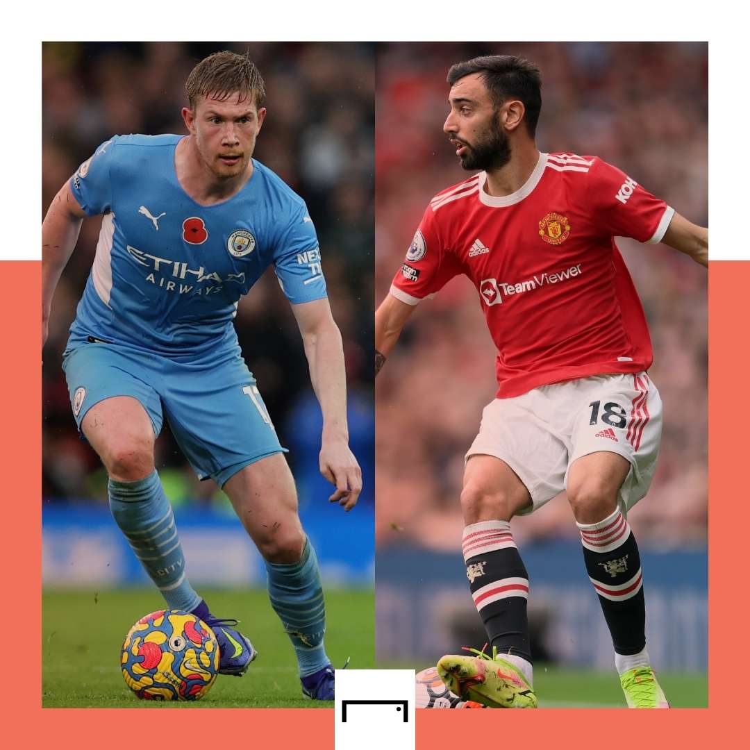 Kevin De Bruyne Bruno Fernandes Man City Man Utd GOAL50 Head to Head GFX