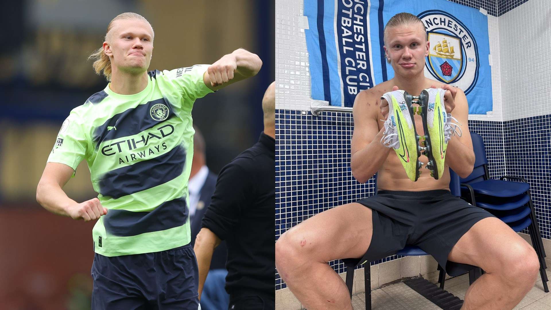 Erling Haaland Manchester City celebrate & commemorative boots 2022-23