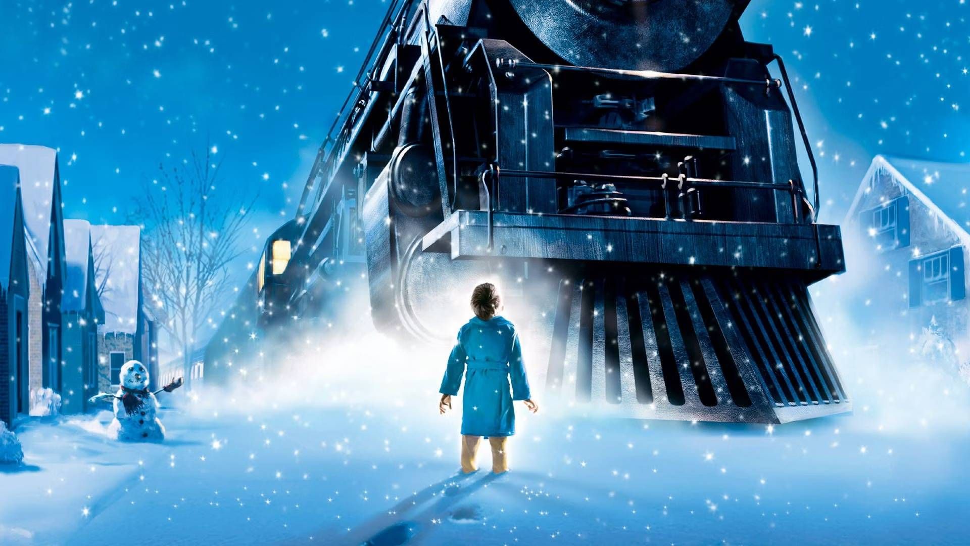 The train pulls up, in The Polar Express.