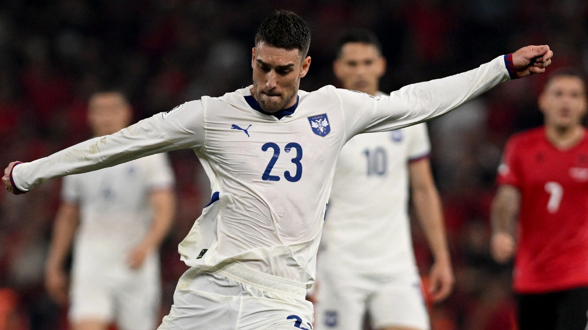 Serbia's forward #23 Dusan Vlahovic kicks the ball 