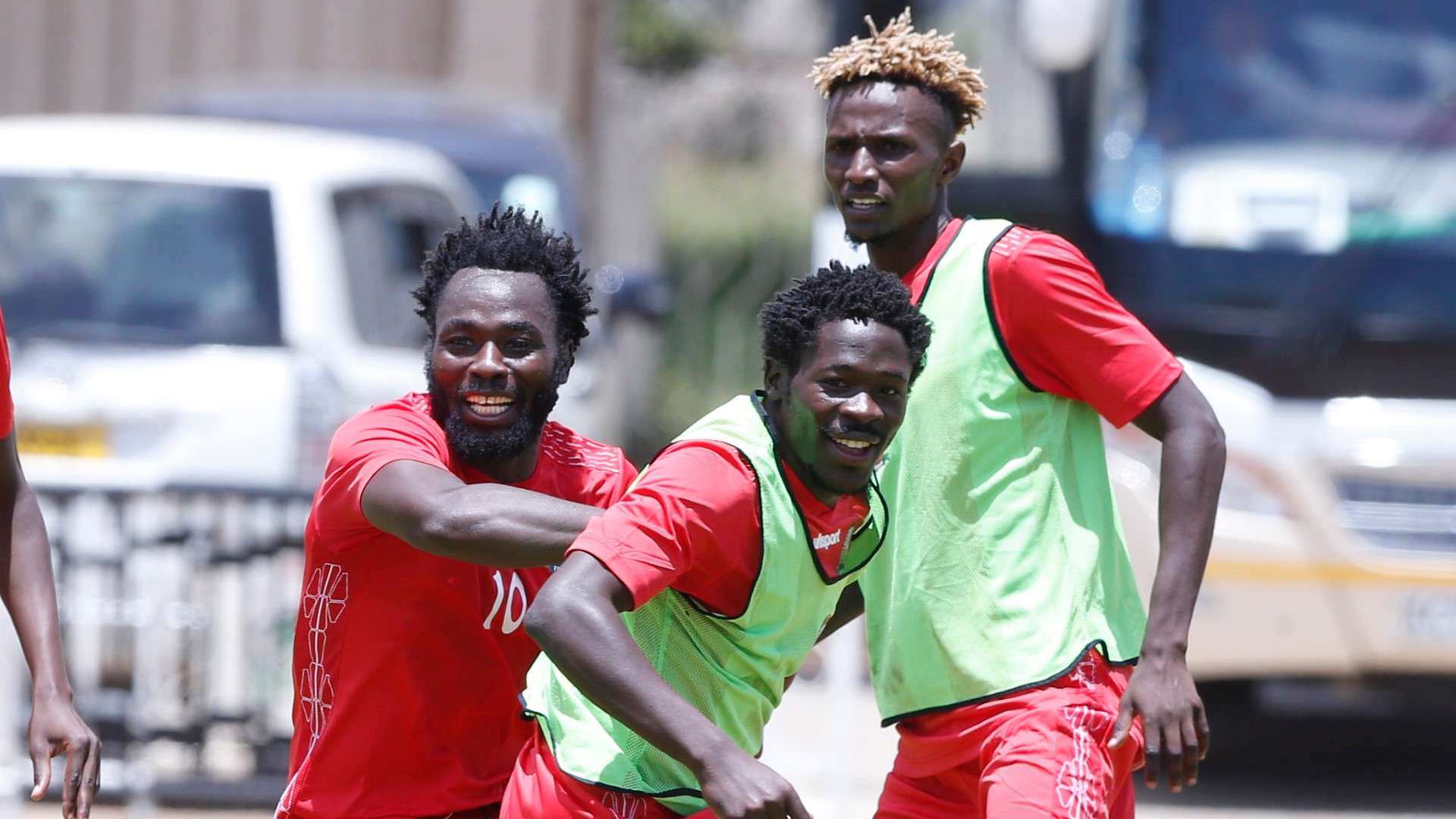 Kenya striker Elvis Rupia, Lawrence Juma and Kenneth Muguna of Harambee Stars.
