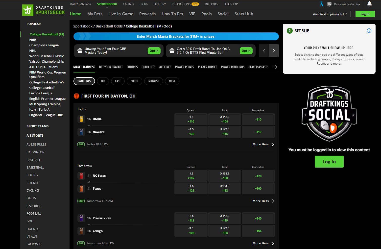draftkings march madness betting