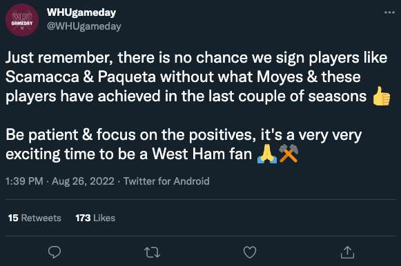 West Ham paqueta tweet 2