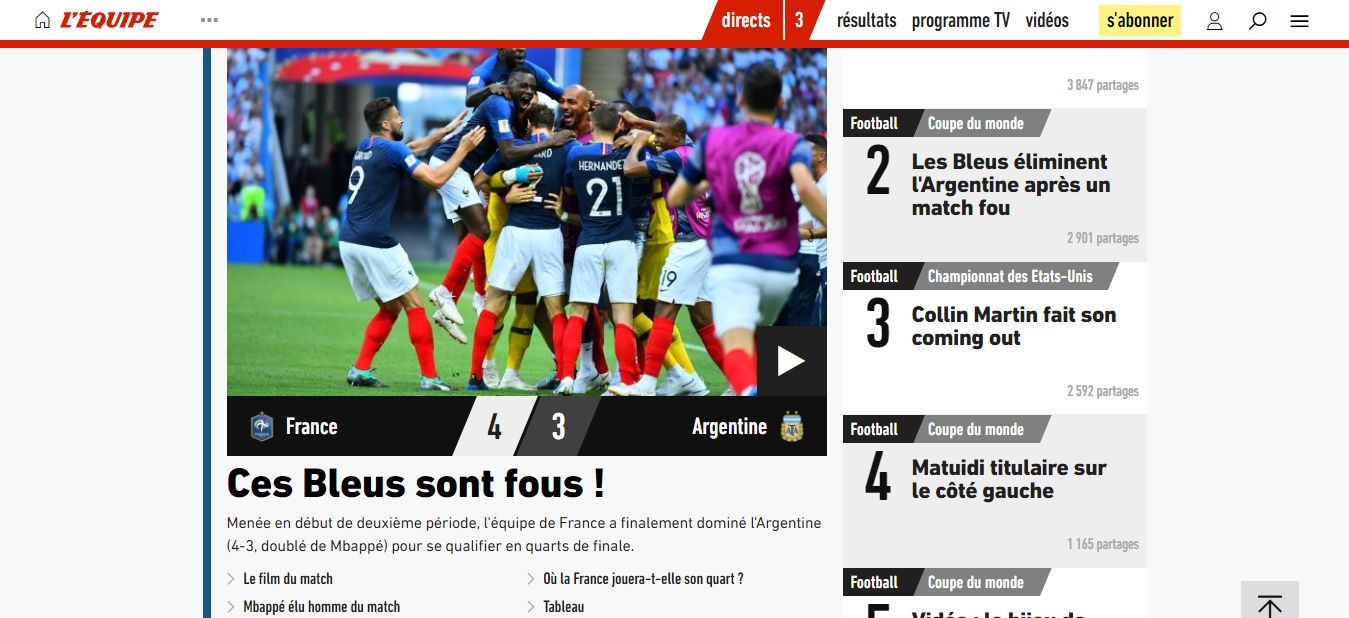 BODY ONLY Lequipe Franca Eliminacao Argentina World Cup 2018