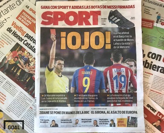 현지시간 3일 스페인 신문 스포르트 1면을 장식한 힐 만사노 주심. 사진=골닷컴 이하영 에디터