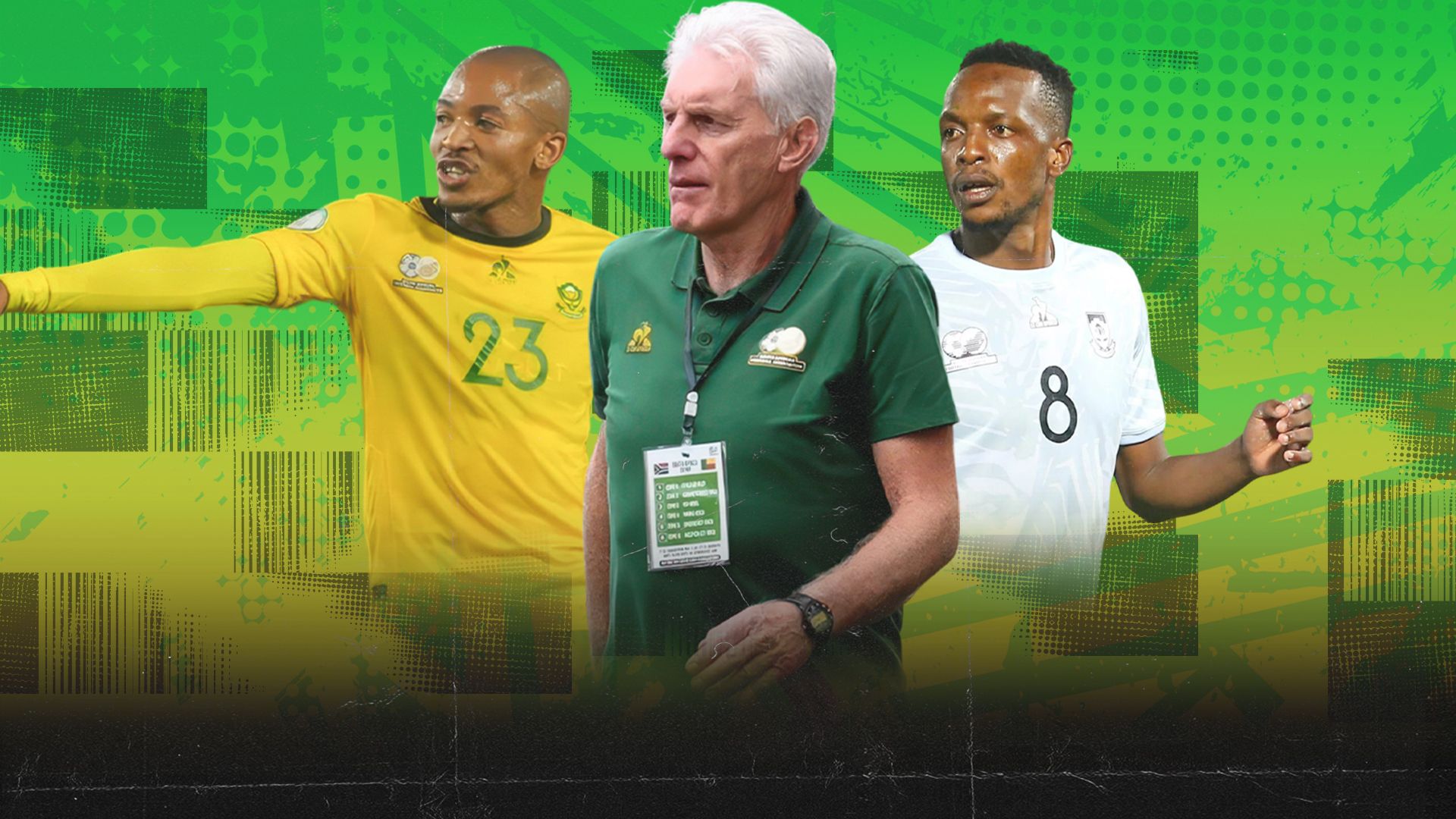 Hugo Broos, Patrick Maswanganyi and Thapelo Morena of Bafana Bafana 