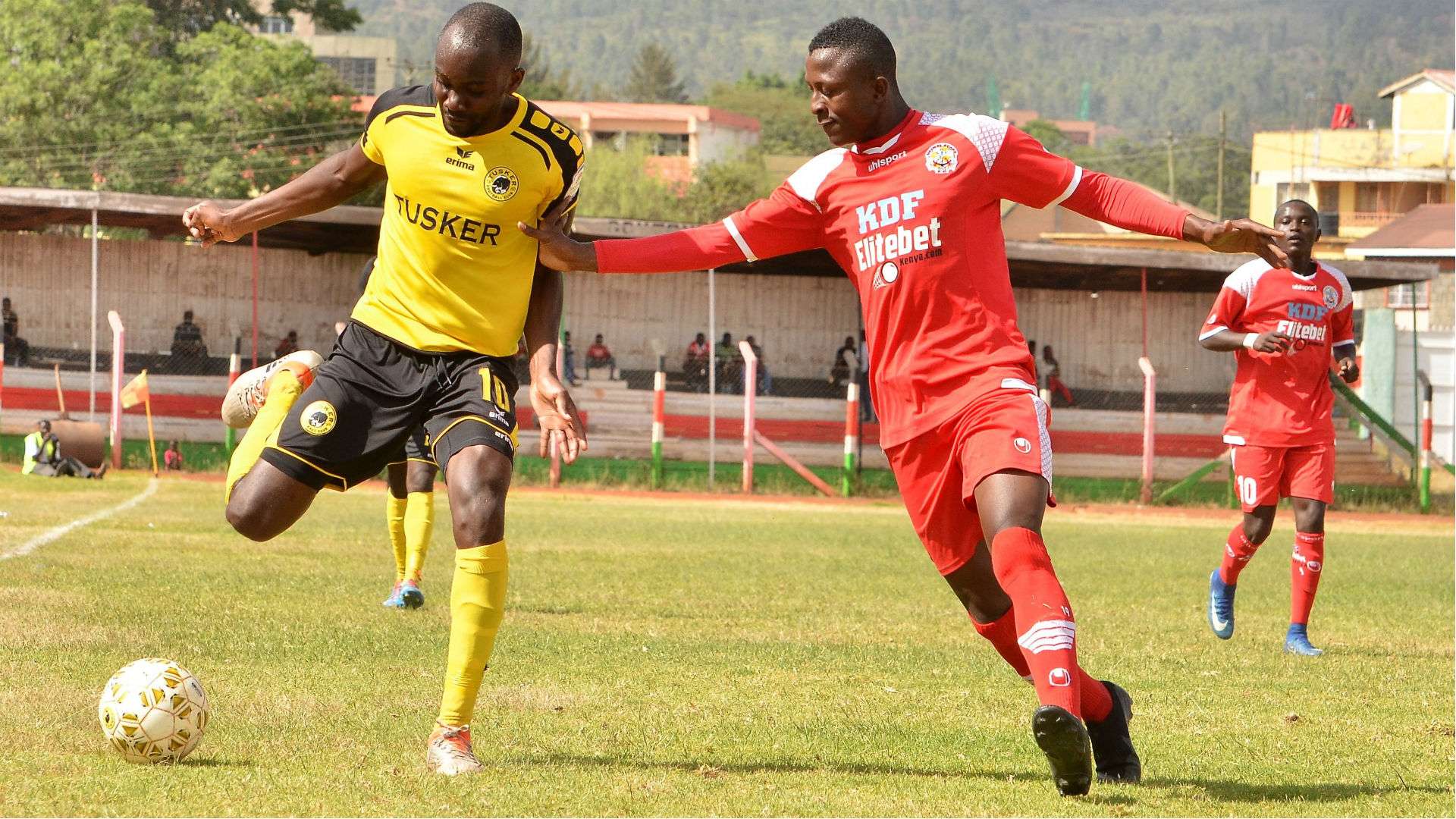 Omar Mbongi of Ulinzi Stars vs Timothy Otieno of Tusker FC.