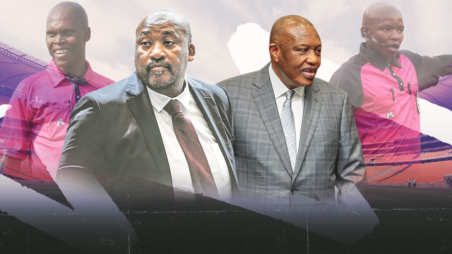 Sports, Arts & Culture Minister Gayton Mckenzie, PSL chairman Irvin Khoza and referees Luxolo Badi & Masixole Bambiso 16-9