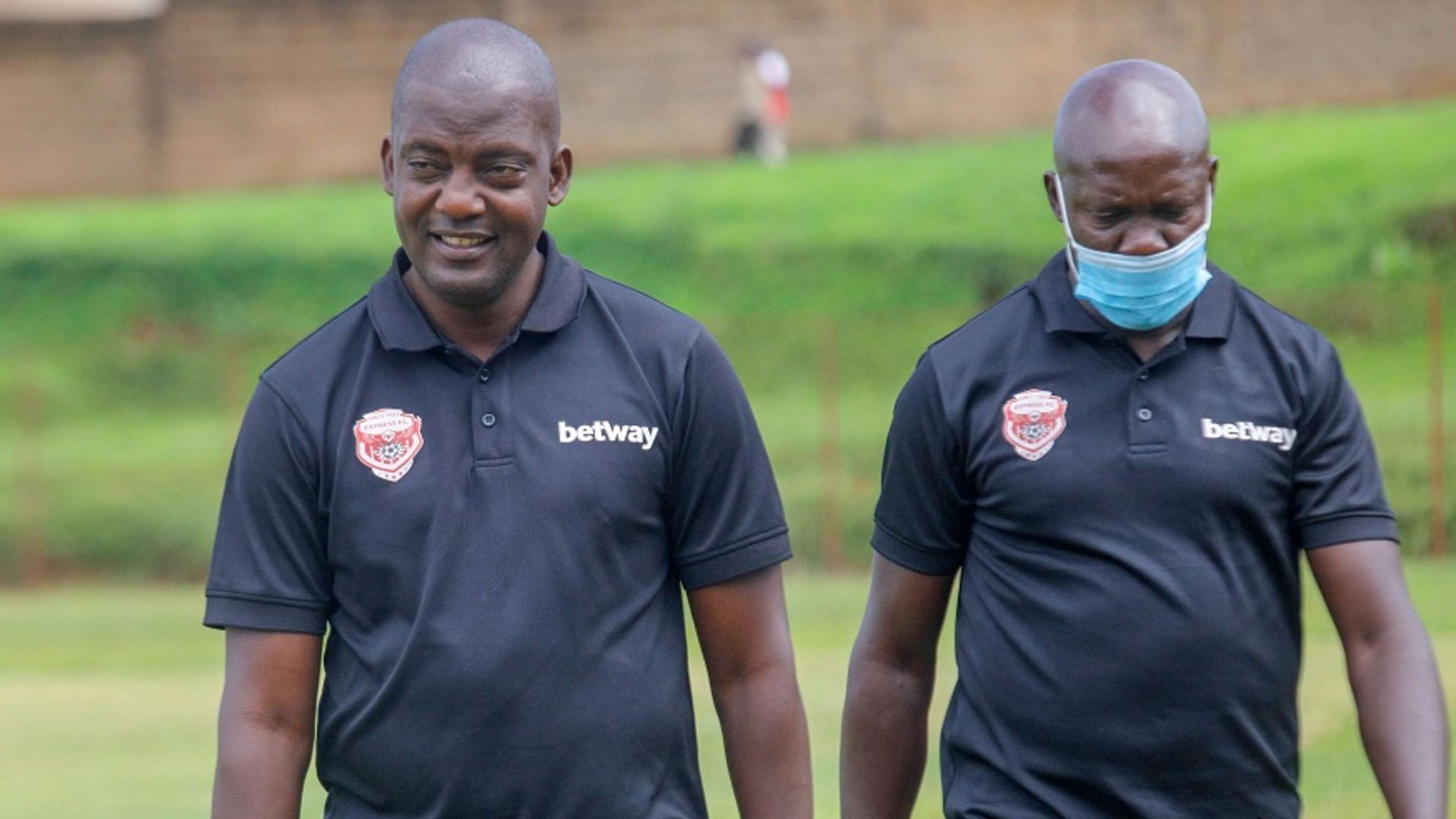 Express FC coach Wasswa Coach Bossa (L) and coach James Odoch.