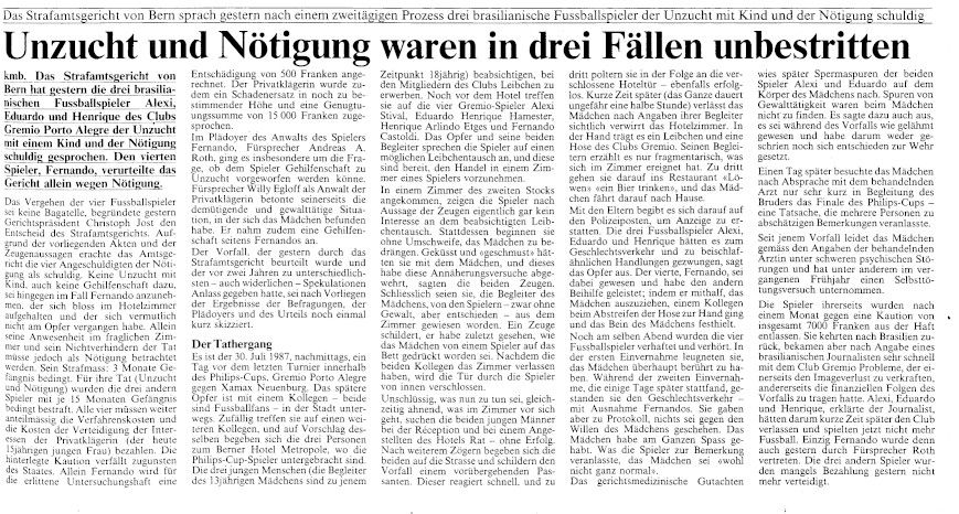 Jornal Der Bund, de 1989, sobre o julgamento de Cuca