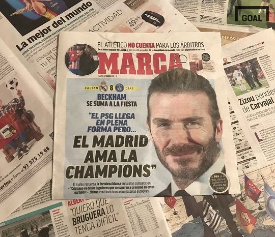 (현지시간 6일 마르카 1면을 통해 소개된 데이비드 베컴의 인터뷰. 베컴은 과거 레알 마드리드, PSG 두 팀에서 모두 뛴 바 있다. 사진=골닷컴 이하영 에디터)