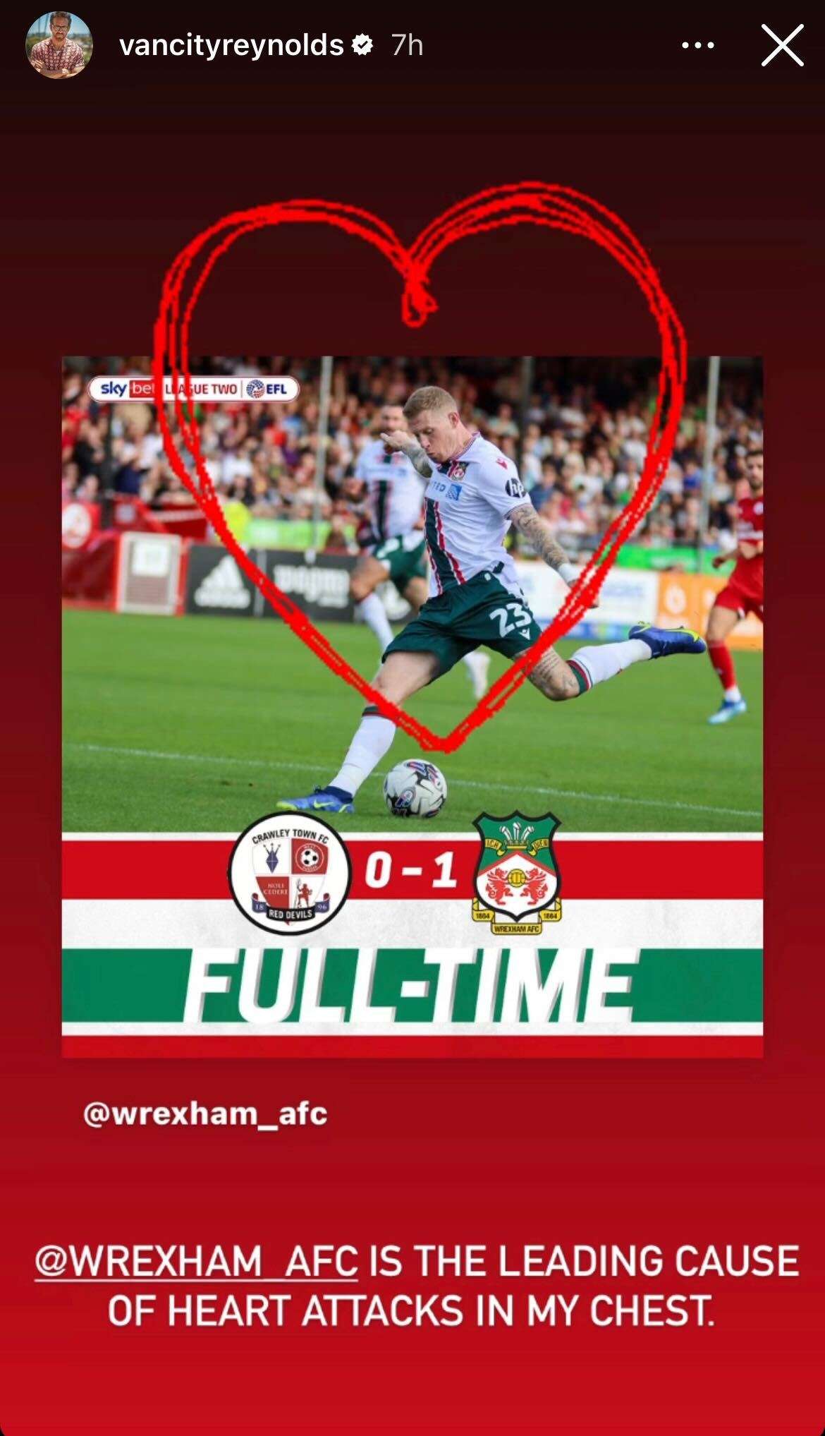 Ryan Reynolds posted on Instagram after Wrexham's win