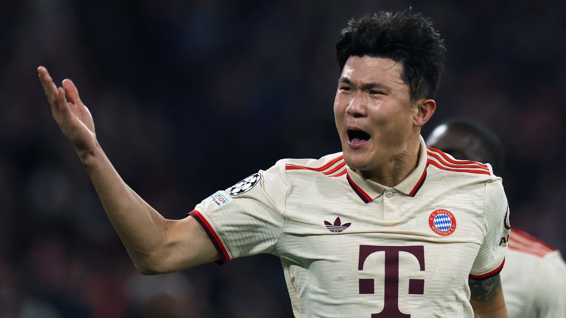 Bayern Munich's South Korean defender #03 Kim Min-Jae celebrates after scoring 