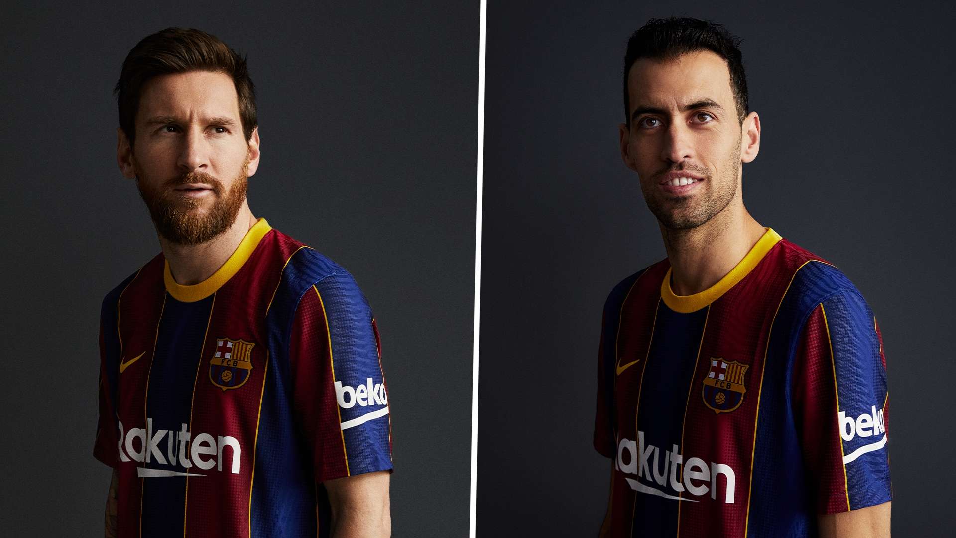Lionel Messi Sergio Busquets Barcelona home kit 2020-21