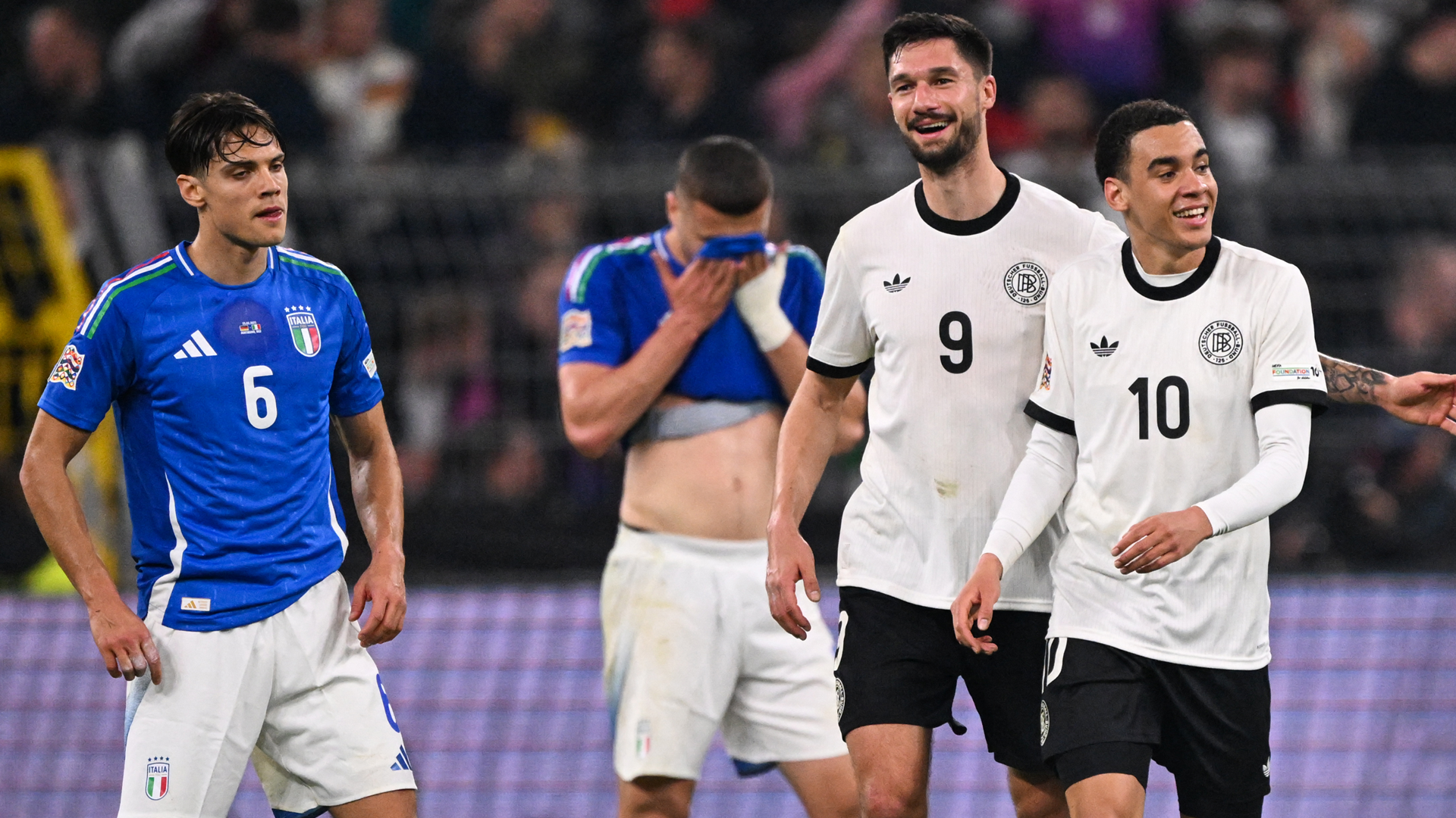 Italy ridiculed after letting Jamal Musiala score 'cartoonish' goal for Germany as entire Azzurri defence 'falls asleep' for Joshua Kimmich's quick corner routine in Nations League thriller