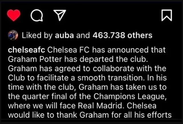 Graham Potter sacking Chelsea Pierre-Emerick Aubameyang Instagram like