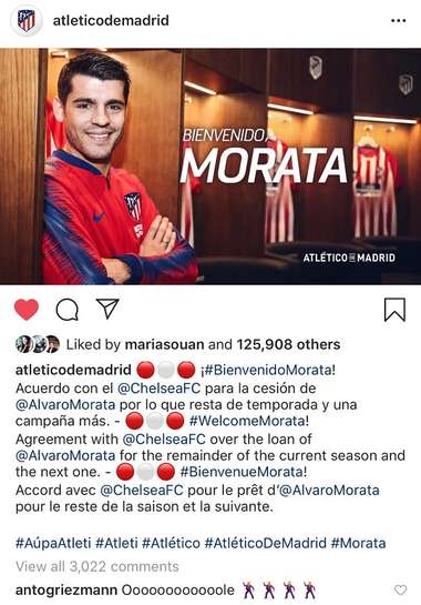 아틀레티코 마드리드로 임대 이적한 모라타. 사진=아틀레티코 마드리드 공식 인스타그램
