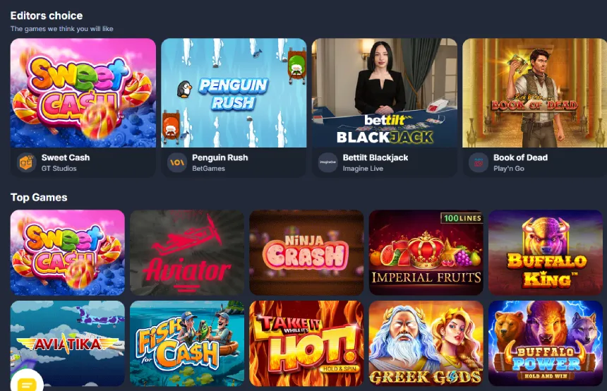 Interface do lobby de jogos do Bettilt casino mostrando slots e jogos ao vivo