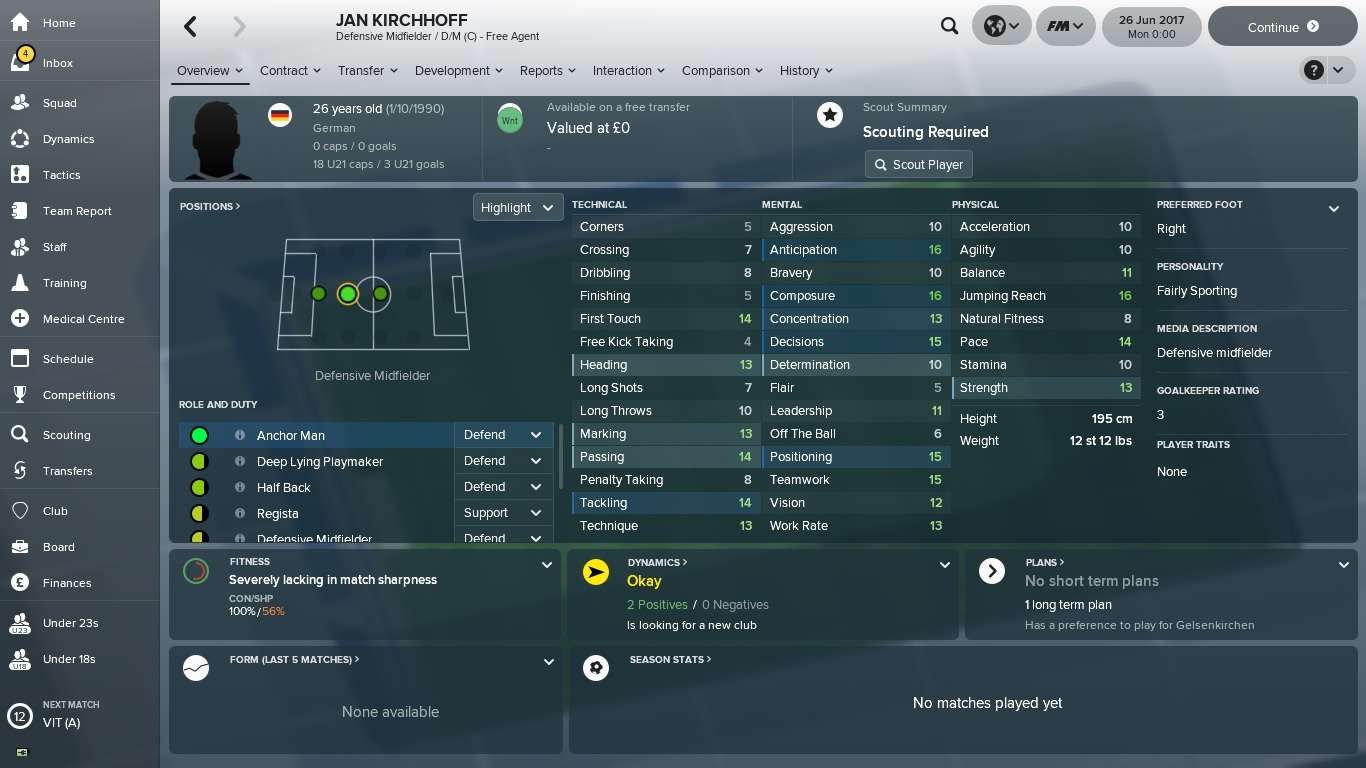 Football Manager 2018 Jan Kirchhoff