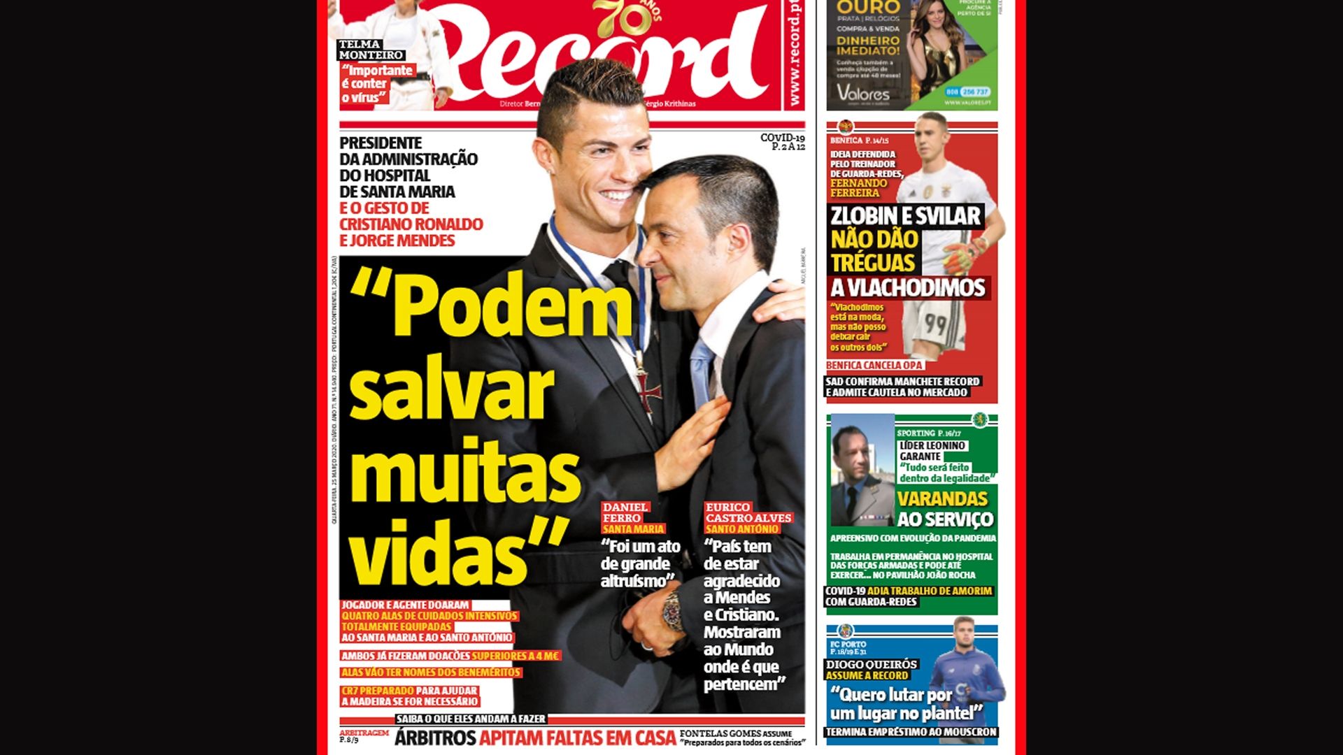 Cristiano Ronaldo en la portada del periódico portugués Record