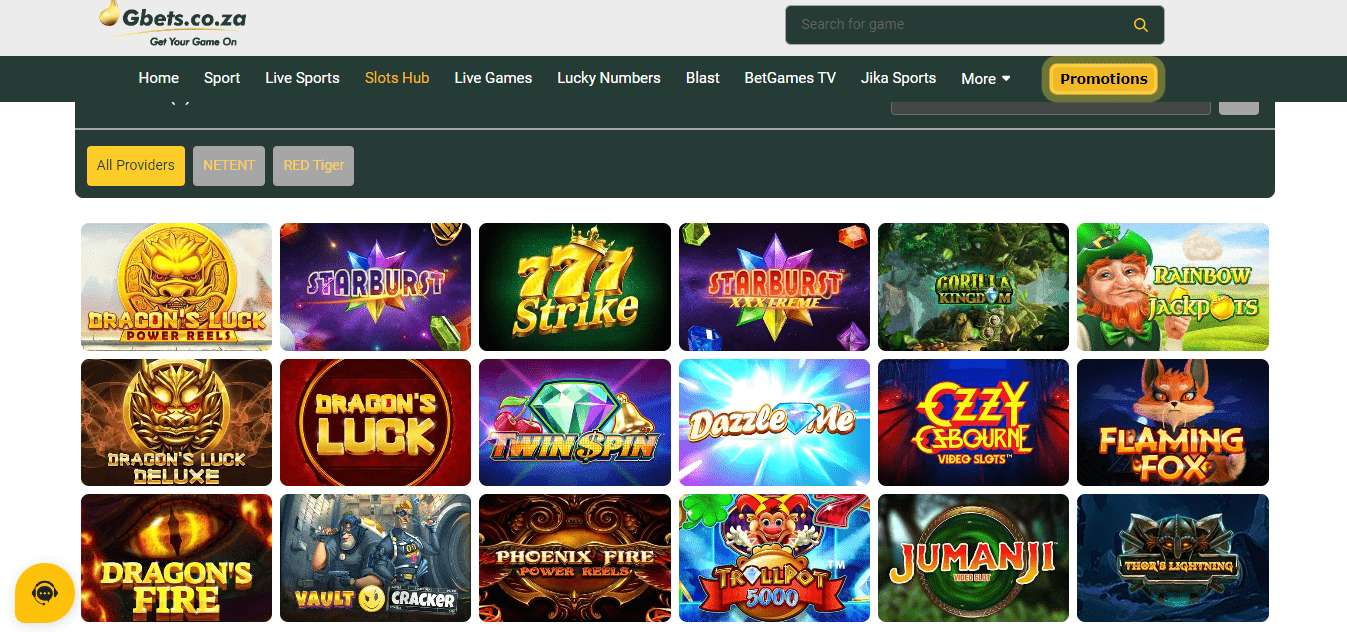 gbets south africa casino games screenshot