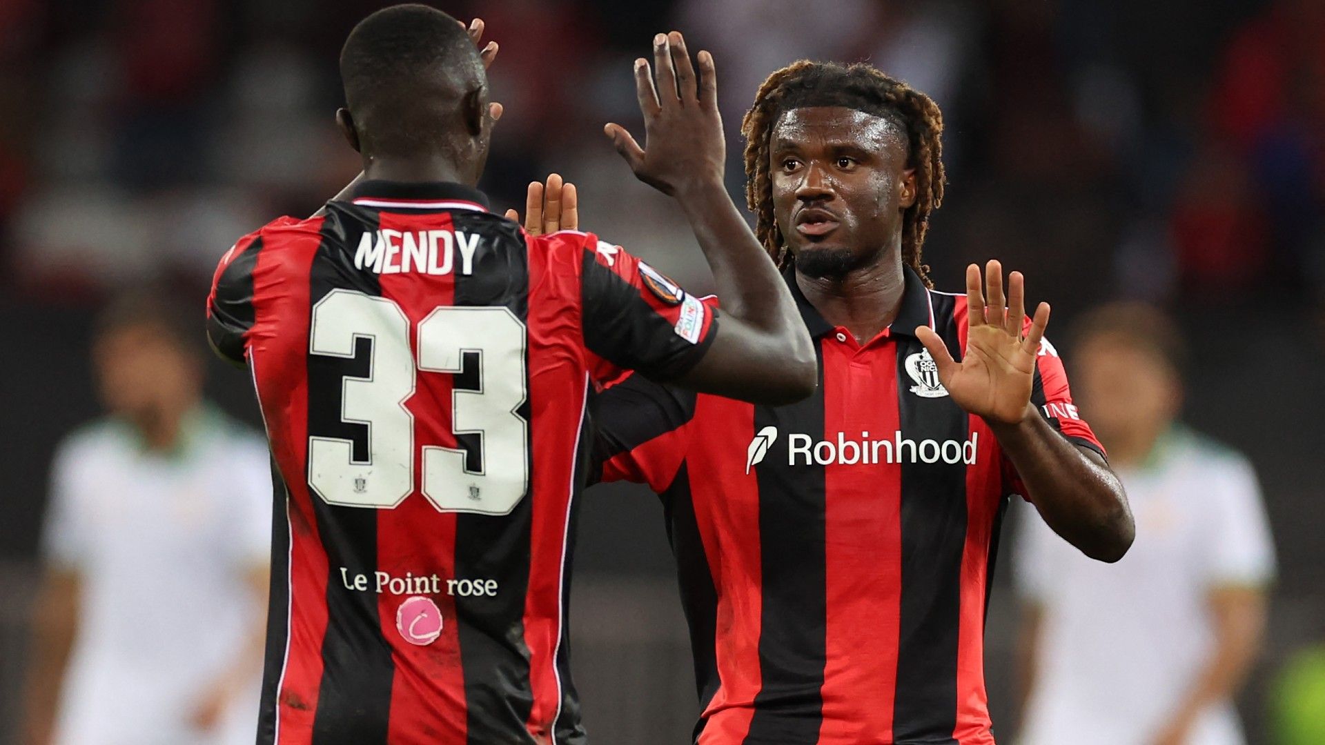 Nice's Nigerian forward #09 Terem Moffi celebrates after scoring a penalty