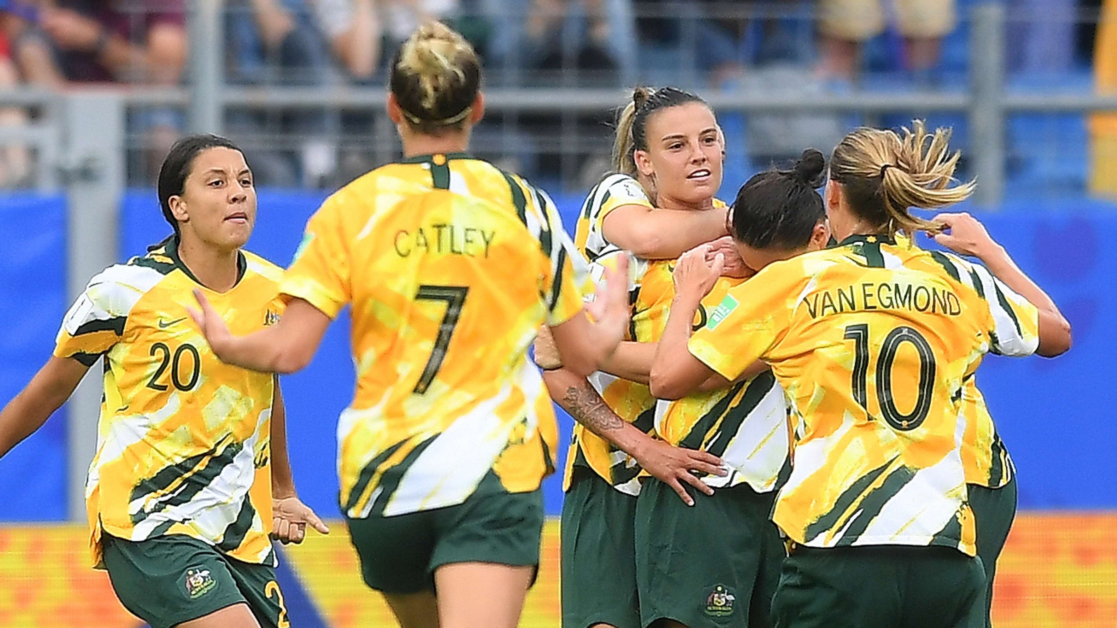 Chloe Logarzo celebrates with Australia vs Brazil WWC 2019