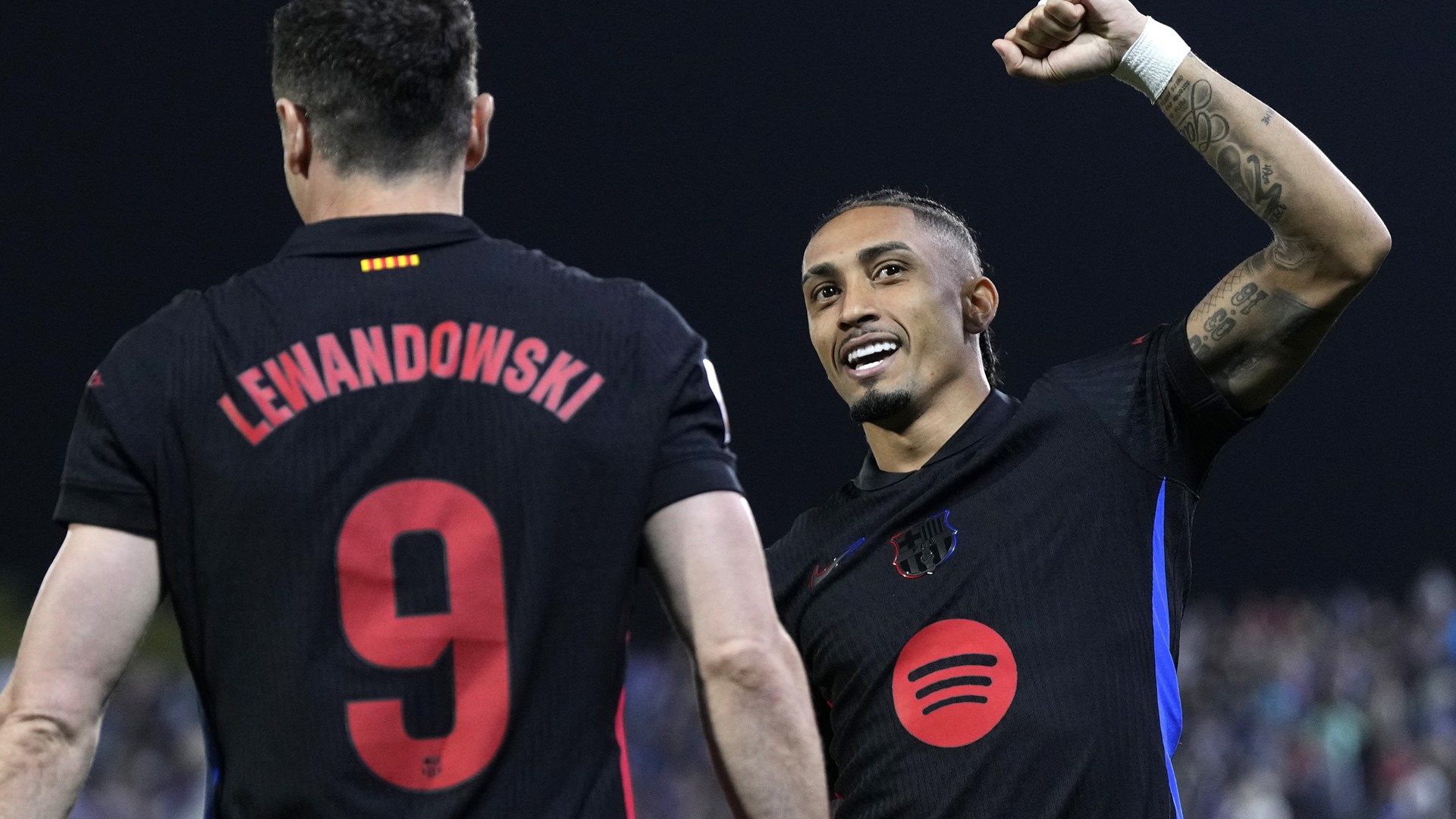 Raphinha celebrates Barcelona's winning goal against Leganes in La Liga