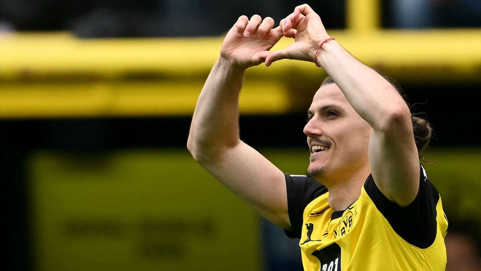 Dortmund's Austrian midfielder #20 Marcel Sabitzer celebrates scoring