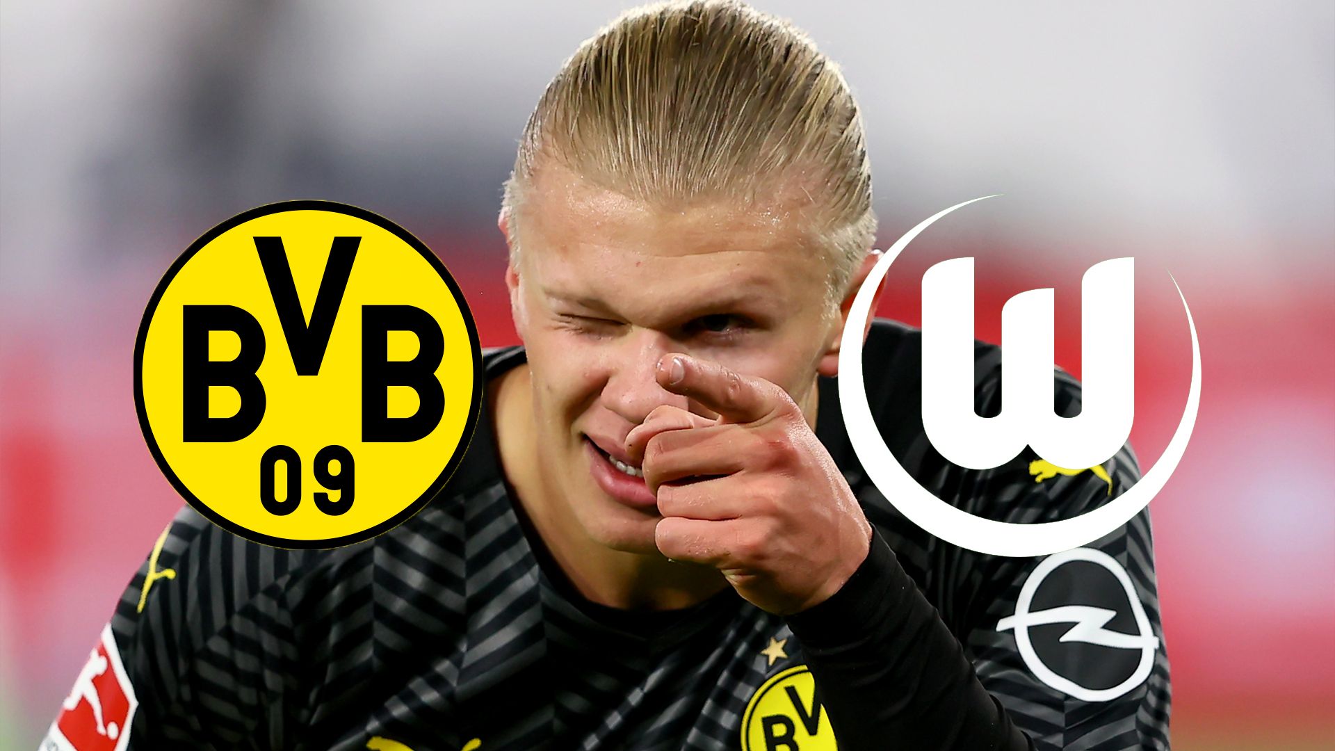 BVB Borussia Dortmund VfL Wolfsburg Erling Haaland jubelt in der Bundesliga der Mittelfinger Oma zu