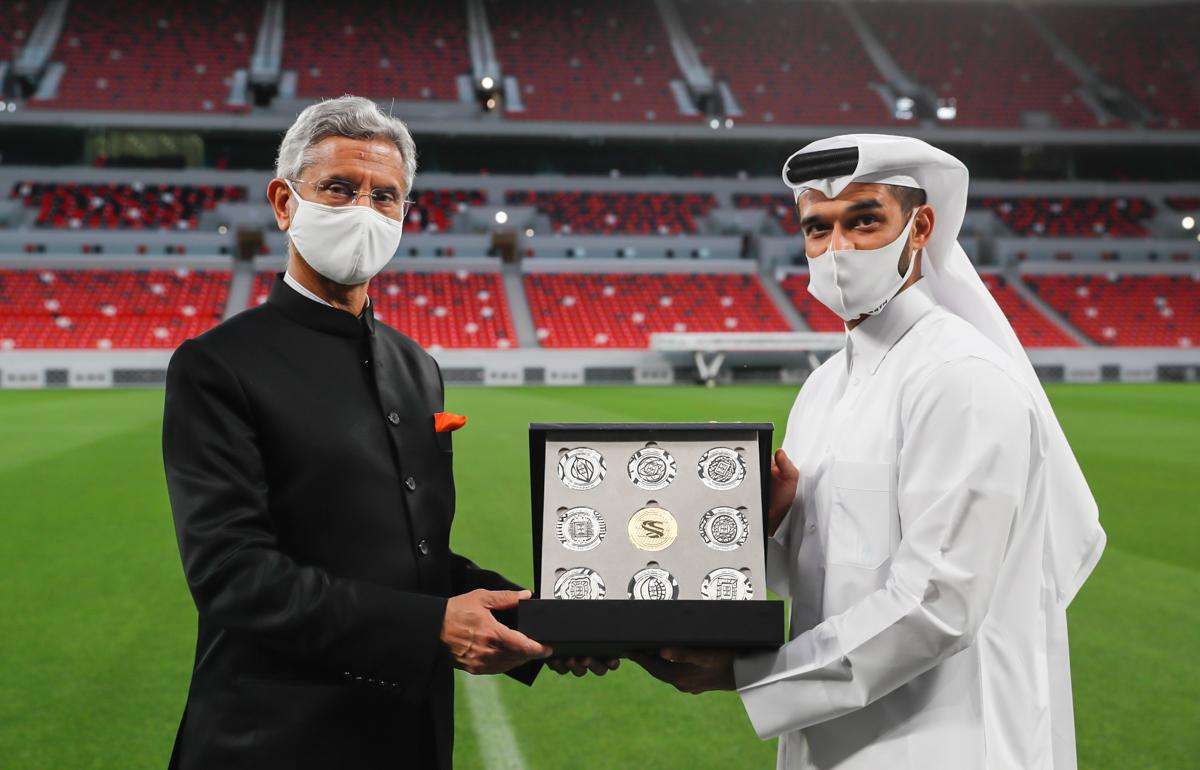 Dr Jaishankar with Hassan Al Thawadi at Ahmad Bin Ali stadium