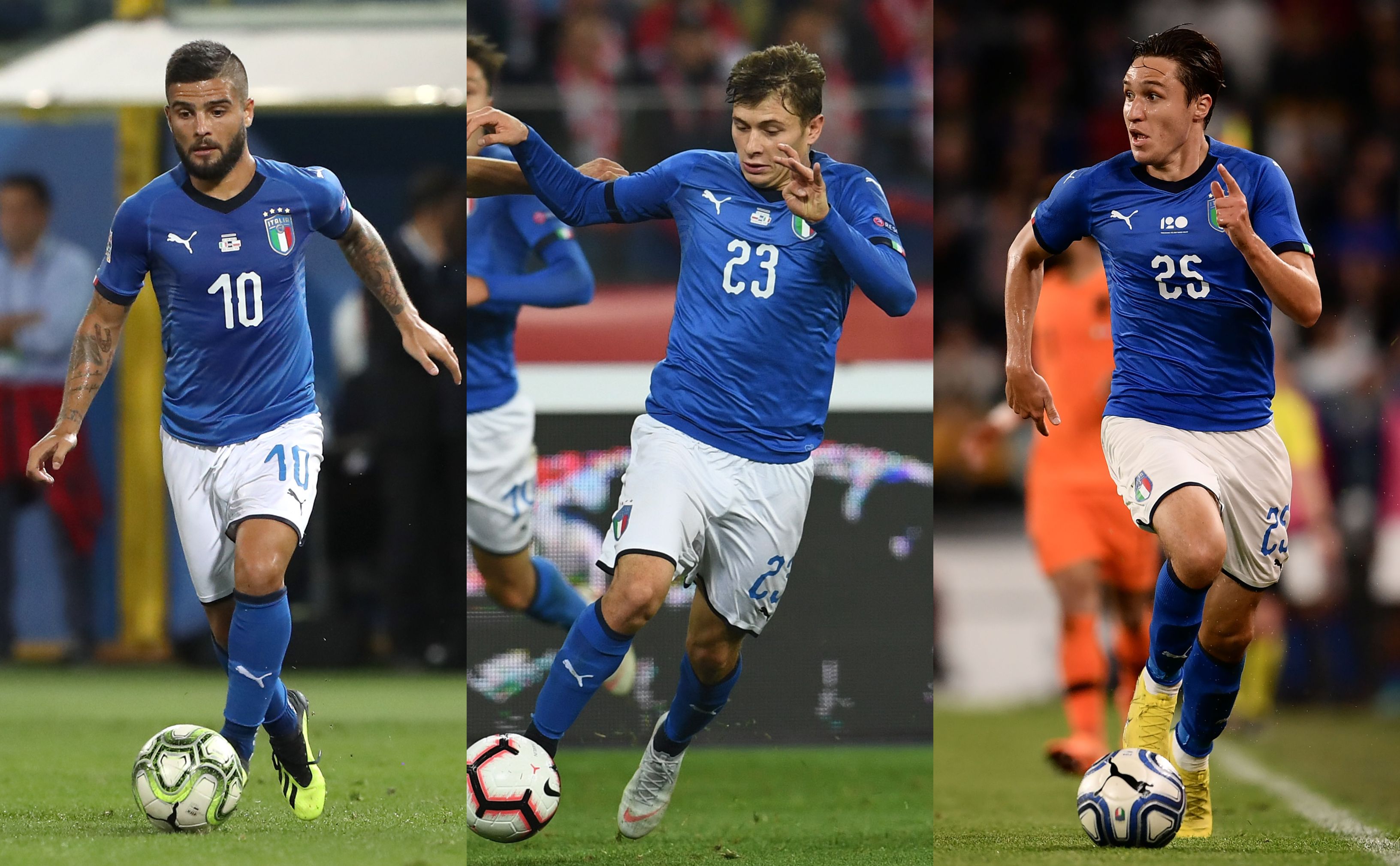 Collage Lorenzo Insigne Niccolò Barella Federico Chiesa Italy
