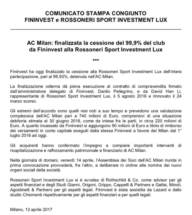 Comunicato Fininvest