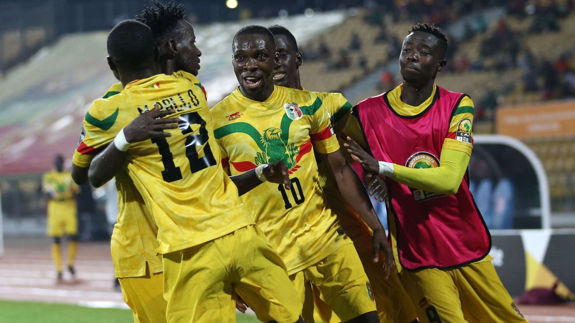 Sika Bagayoko Chato of Mali celebrates goal with teammates during the 2021 Chan football match between Mali.