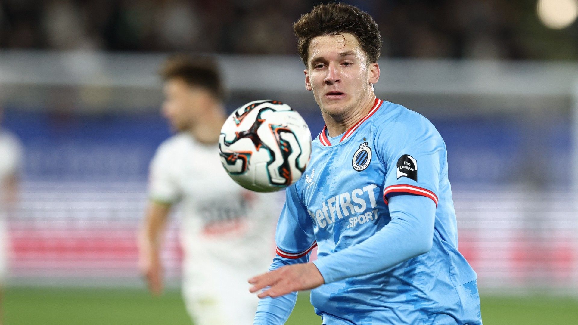 Club Brugge's Greek forward #08 Christos Tzolis runs with the ball 